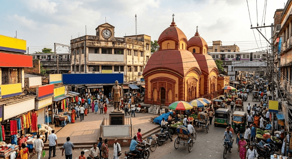 Bustling Belgharia market street with temple and local rail line