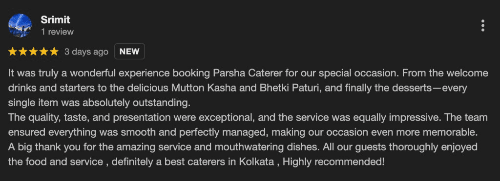 Google review screenshot for Parsha Caterer