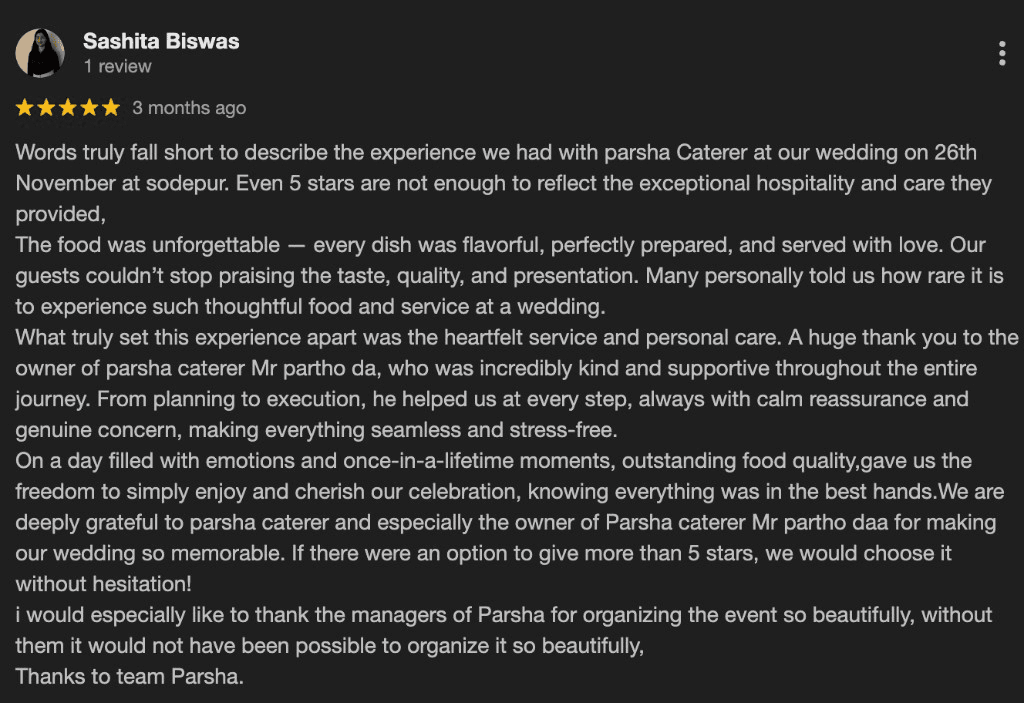 Google review screenshot for Parsha Caterer