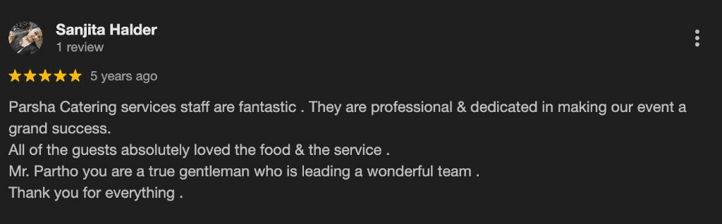 Google review screenshot for Parsha Caterer