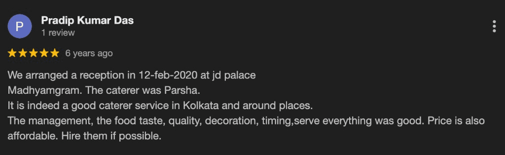 Google review screenshot for Parsha Caterer