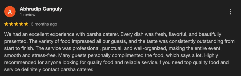 Google review screenshot for Parsha Caterer
