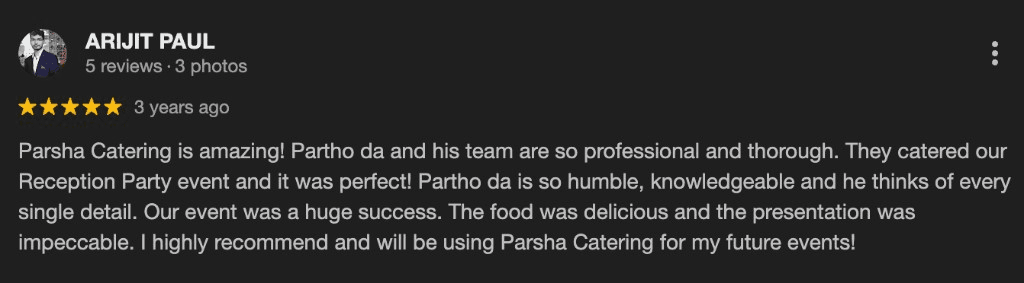 Google review screenshot for Parsha Caterer