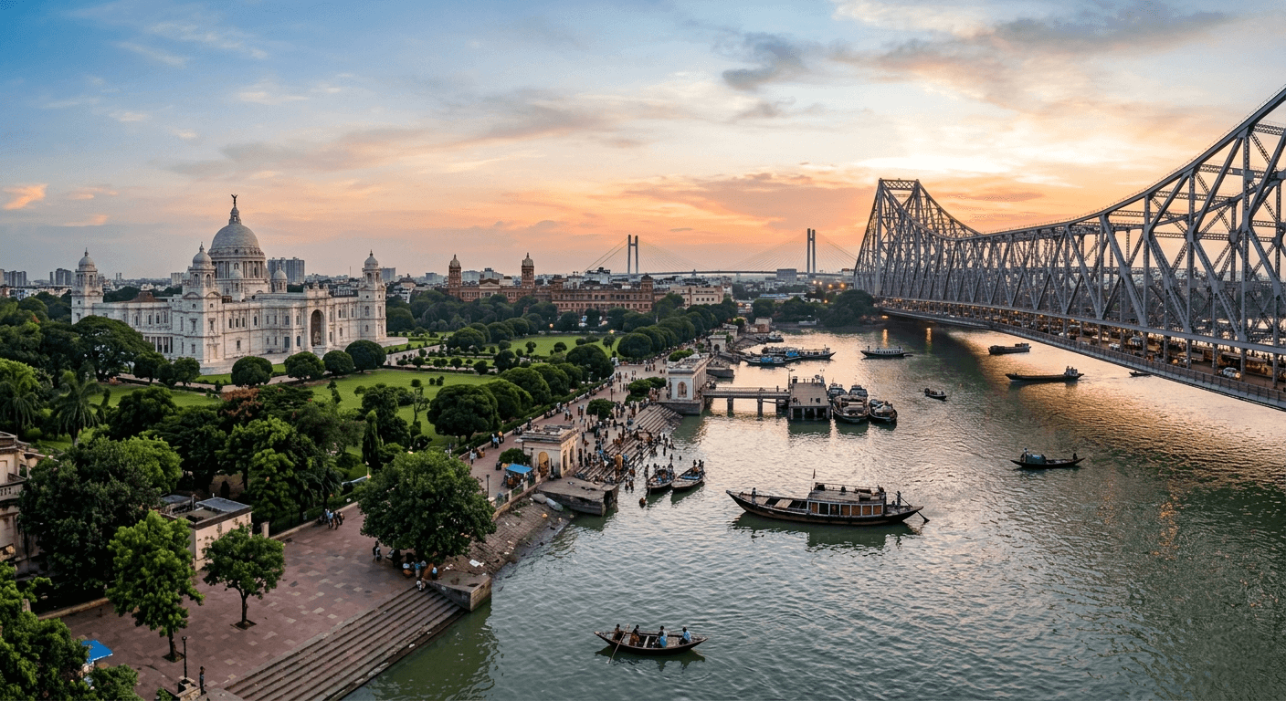 Hooghly River and Kolkata skyline at sunset