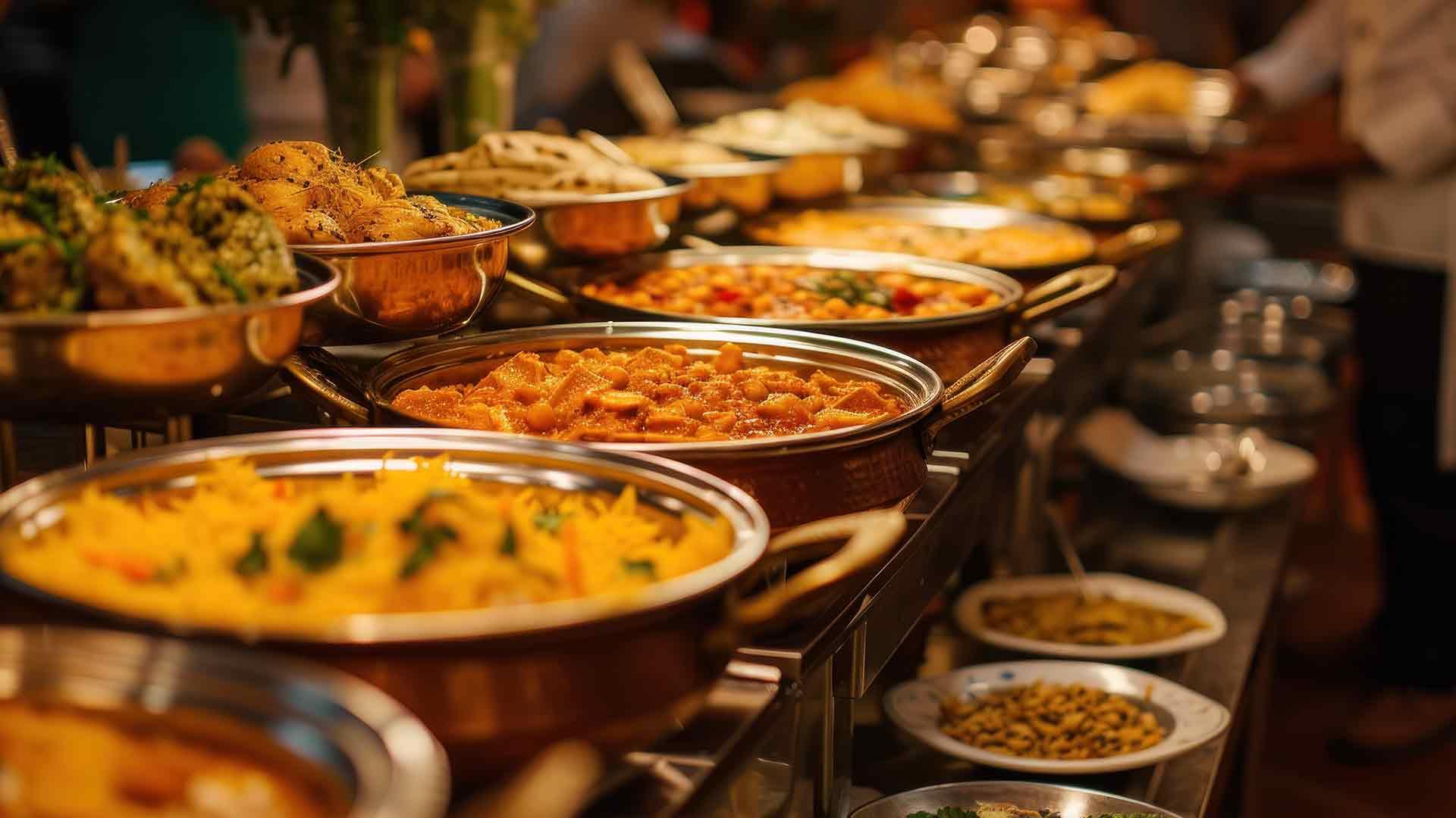 Colourful catering spread with appetizers and dishes at an event