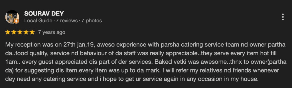 Google review by Sourav Dey for Parsha Caterer